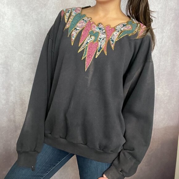 Vintage Heart Patchwork Crewneck Deconstructed Sweatshirt Faded KimberLe Large - Picture 1 of 12